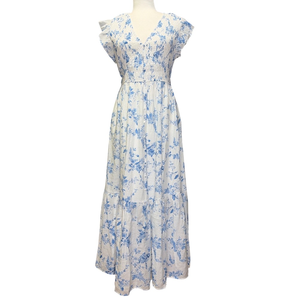 Joie Blue‎ Floral Toile Smocked Maxi Dress White Ruffle Sleeve V-Neck Medium NEW